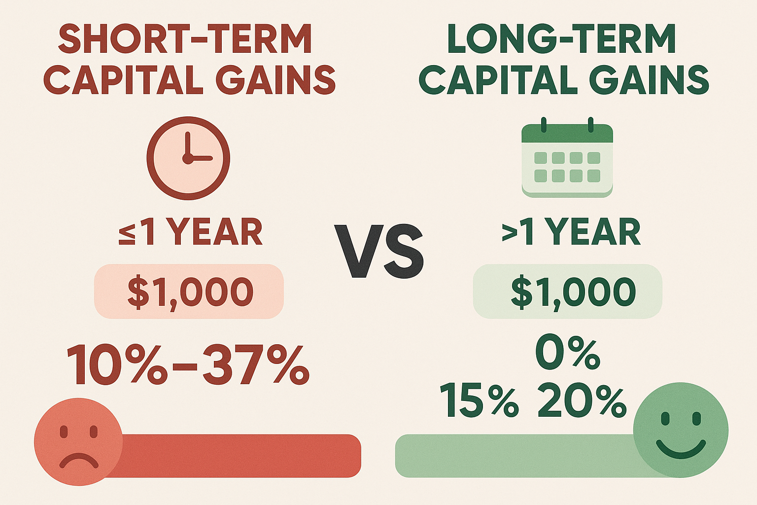 Infographic in 1536x1024 landscape format comparing short-term vs long-term capital gains. Left column in red tones shows "Short-Term Capita
