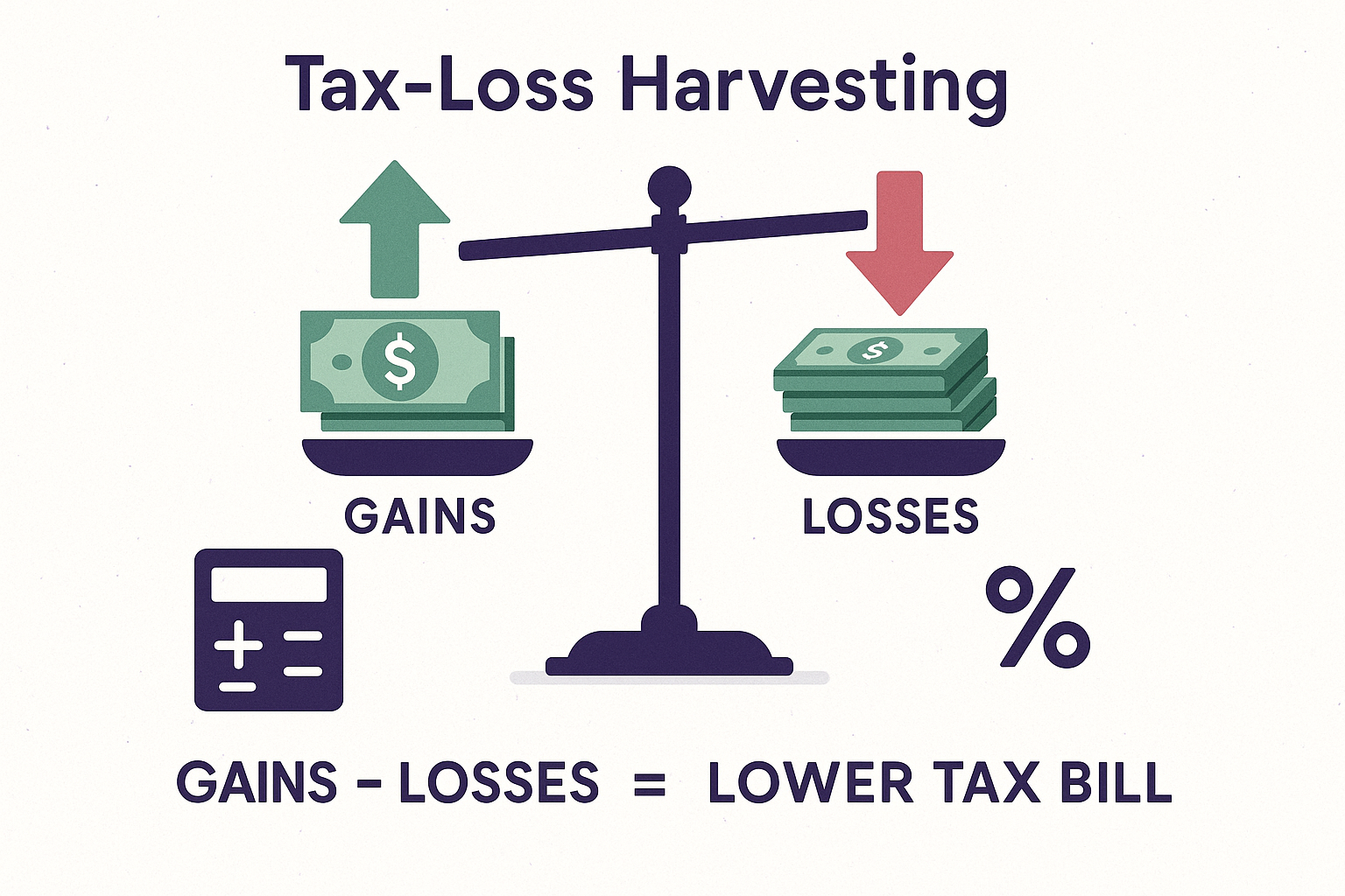 Square 1024x1024 illustration showing tax-loss harvesting concept. Central balance scale with "Gains" on one side (green upward arrow, stack
