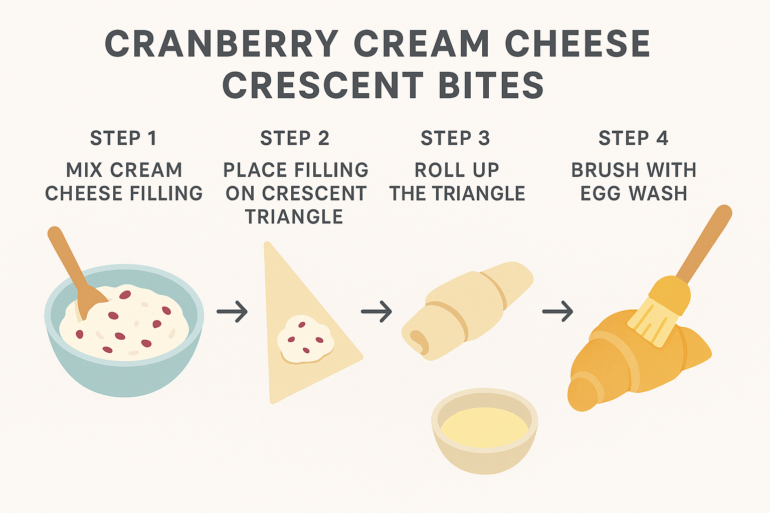 Create a 1536x1024 landscape infographic showing the step-by-step assembly process for cranberry cream cheese crescent bites. Display 4 clea