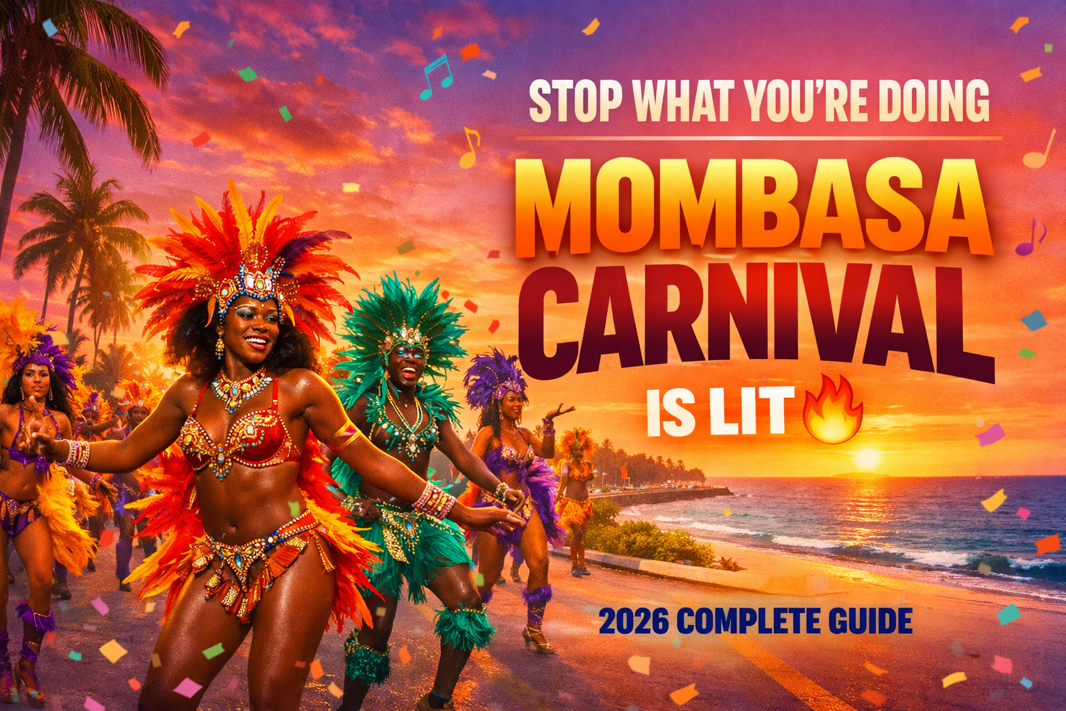 Create a vibrant 1536x1024 landscape cover image featuring a dynamic carnival scene in Mombasa with masqueraders in colorful feathered costu