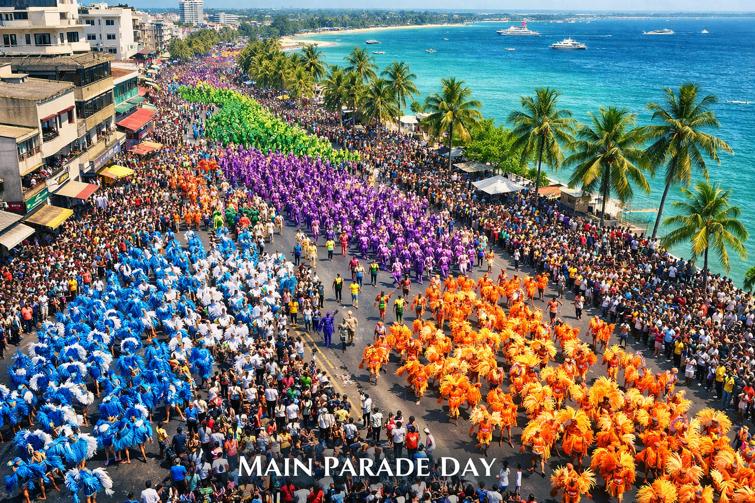 Create a 1024x1024 square image showing a stunning aerial view of the Mombasa Carnival main parade with thousands of colorful masqueraders i