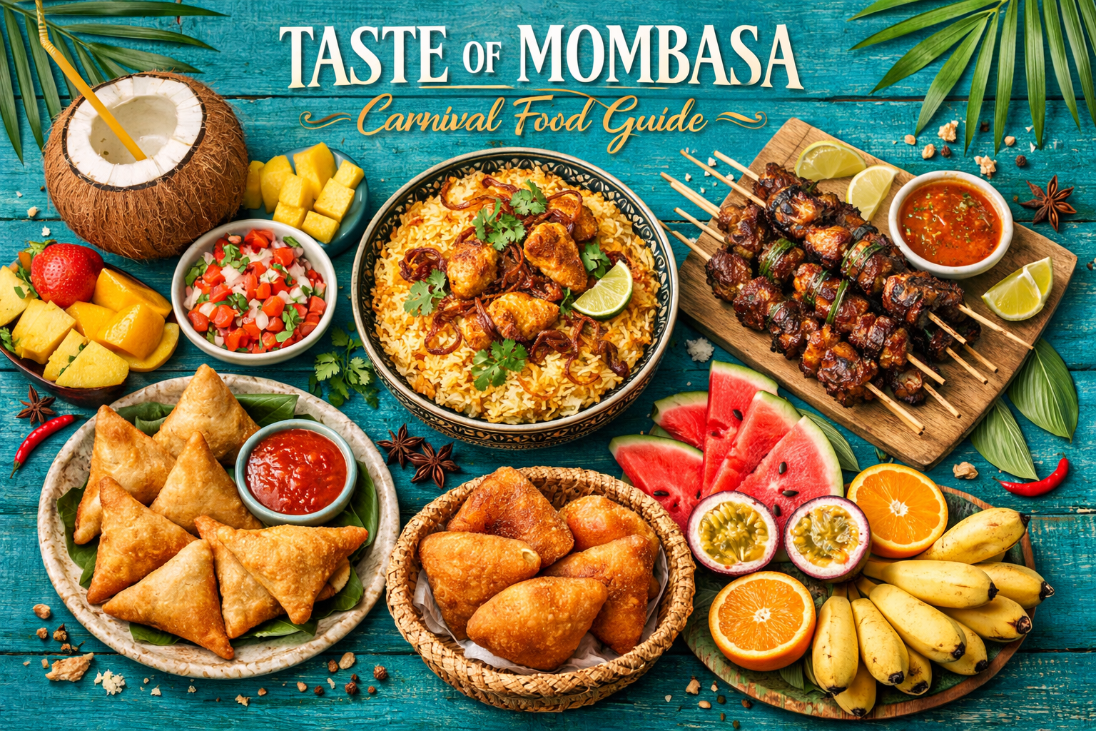Create a 1024x1024 square image showcasing traditional Swahili coastal cuisine and carnival street food. Display an attractive flat lay arra