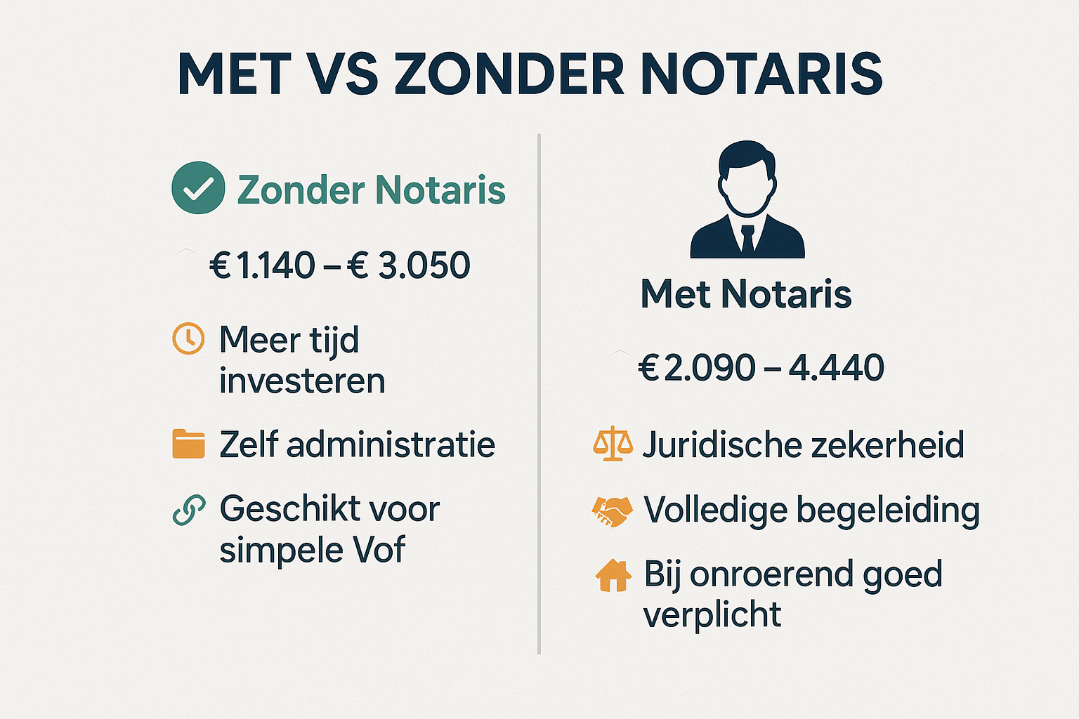 Create a 1024x1024 square comparison infographic titled "Met vs Zonder Notaris" at the top in bold typography. Split the image vertically in