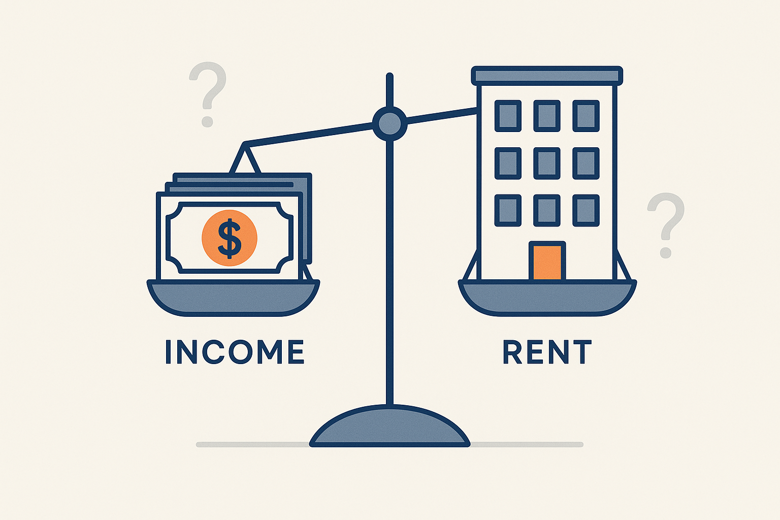 Square 1024x1024 illustration showing a balanced scale. On one side, a stack of money representing income; on the other side, an apartment b