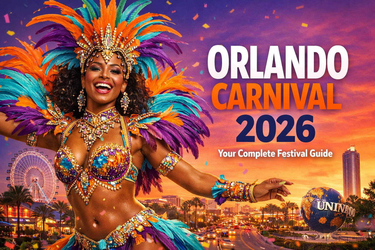 Create a vibrant 1536x1024 landscape cover image featuring a stunning carnival masquerader in an elaborate feathered costume (bright colors: