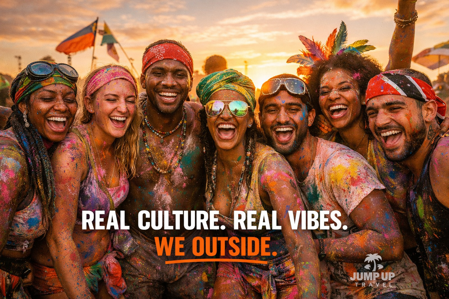 Create a 1024x1024 square image featuring a joyful group of diverse carnival-goers (ages 20s-30s) in colorful carnival attire, covered in J'