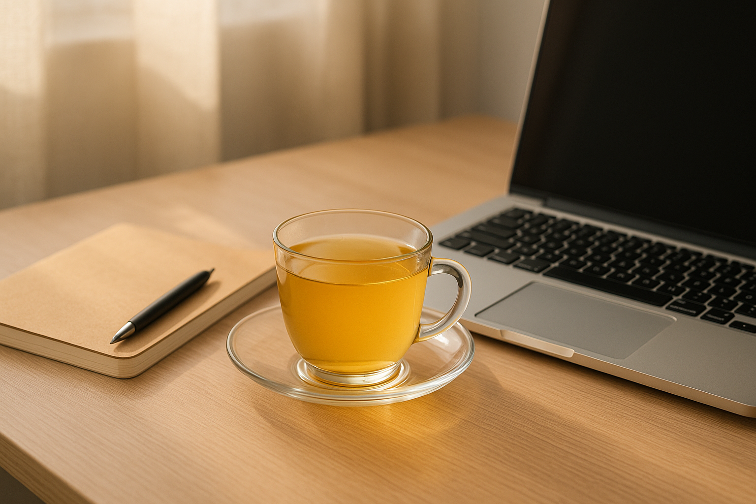 A 1024x1024 square image showing a peaceful workspace scene with a cup of kratom tea, notebook, and laptop on a clean desk. Soft natural lig