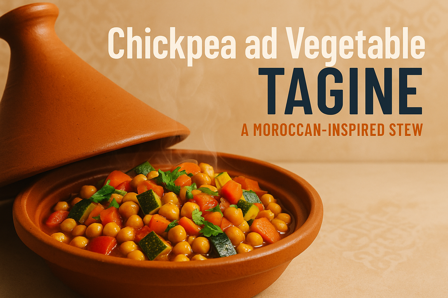 A landscape cover image (1536x1024) featuring a vibrant, steaming tagine in a traditional Moroccan clay pot filled with colorful vegetables 