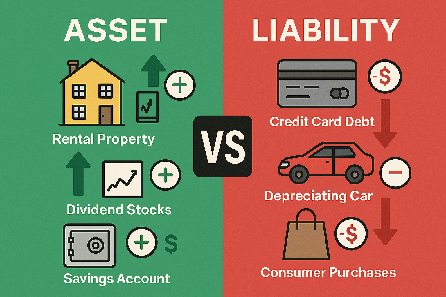 Create a 1024x1024 square visual illustration comparing "Asset vs Liability" with a split design. Left side (green background) shows assets 