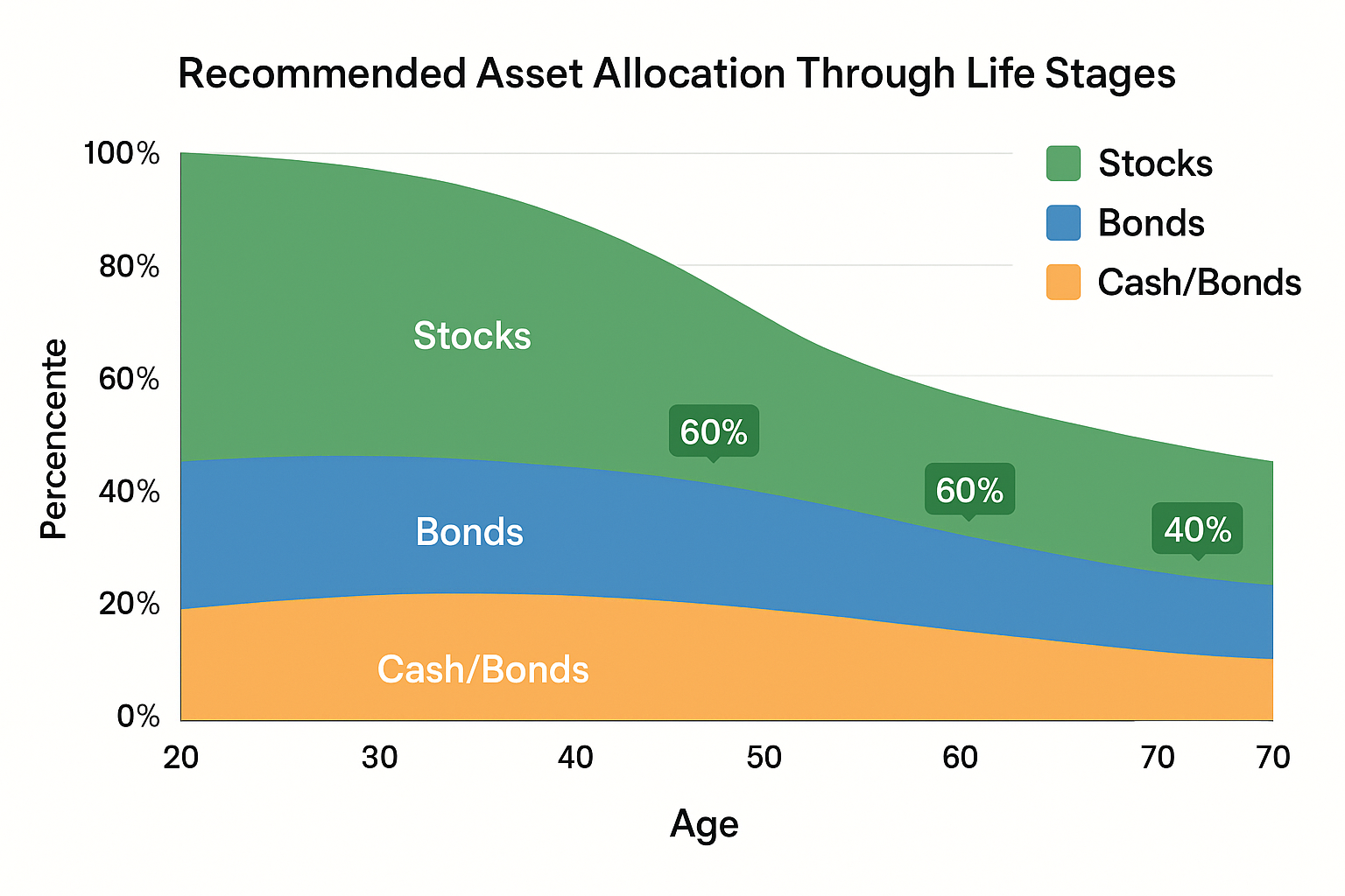 Create a 1536x1024 landscape chart showing "Asset Allocation by Age" with a smooth area graph. The X-axis shows ages from 20 to 70 in 10-yea