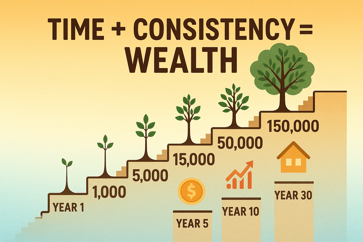 Create a 1024x1024 square motivational visual showing the compound growth of assets over time. Display an ascending staircase or mountain pa
