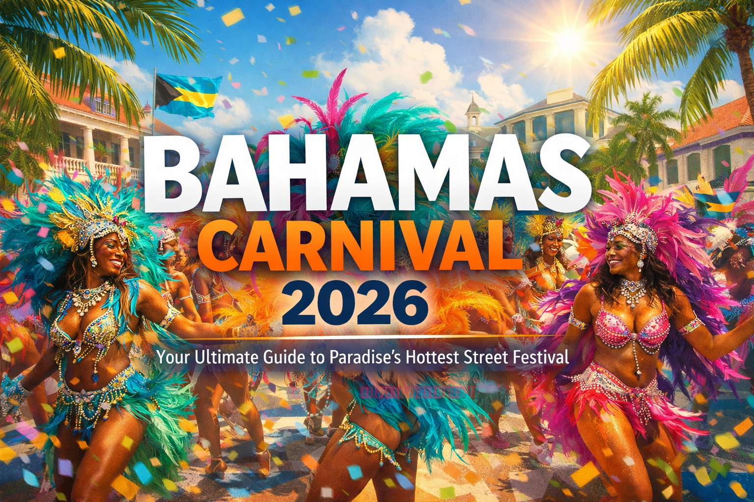 Create a vibrant 1536x1024 landscape cover image for Bahamas Carnival 2026. The background should feature a dynamic carnival scene with colo