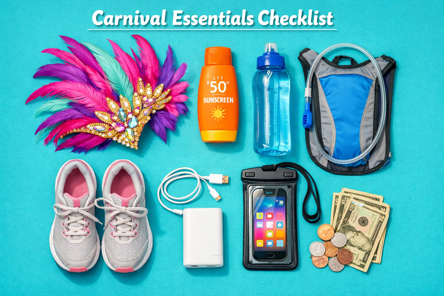 Create a 1024x1024 square image showing essential carnival packing items laid out flat-lay style. Include illustrated or photographic items: