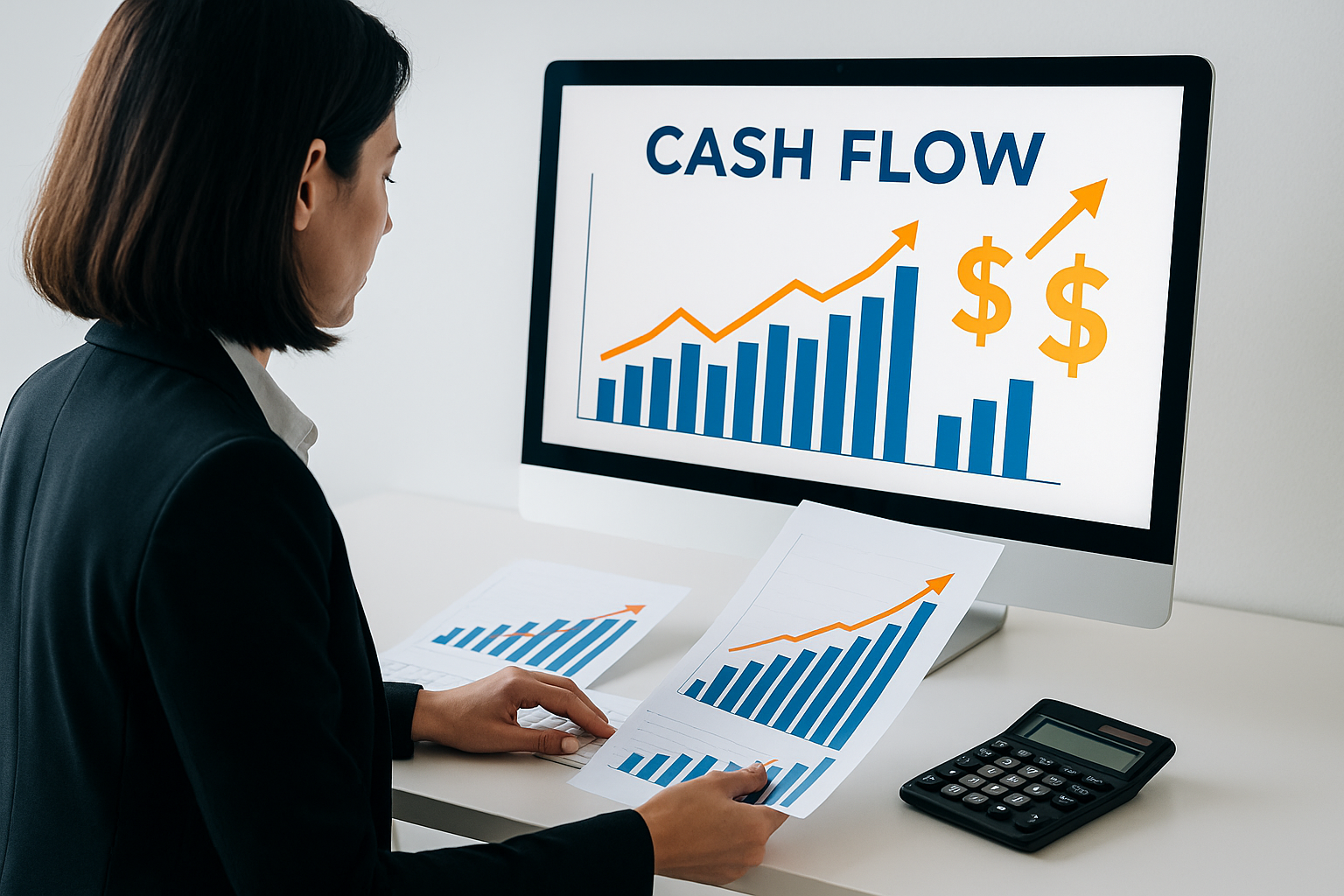 Visual illustration in 1024x1024 square format showing a businessman or businesswoman analyzing financial documents with cash flow charts on
