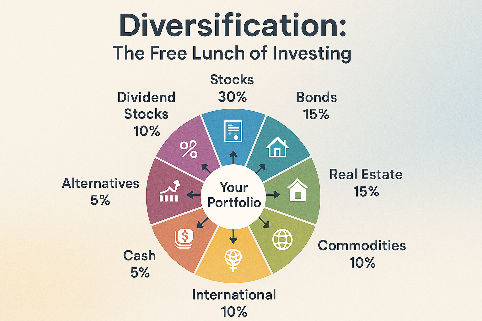 Square 1024x1024 diagram showing diversification concept. Center circle labeled "Your Portfolio" with eight arrows radiating outward to diff