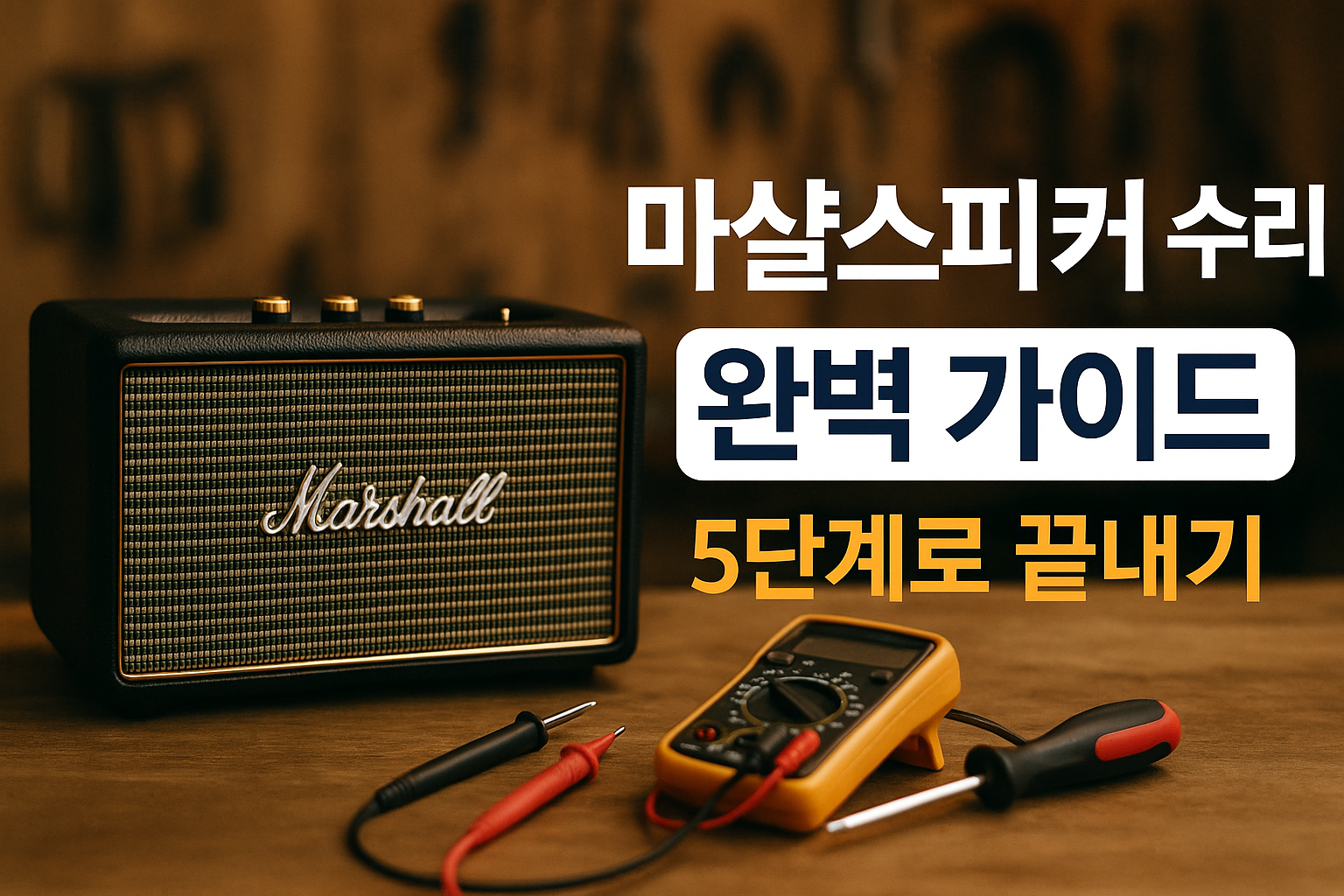Cover Image - 1536x1024 landscape A premium cover image featuring a Marshall speaker (Kilburn or Stanmore model) in the center-left with vis
