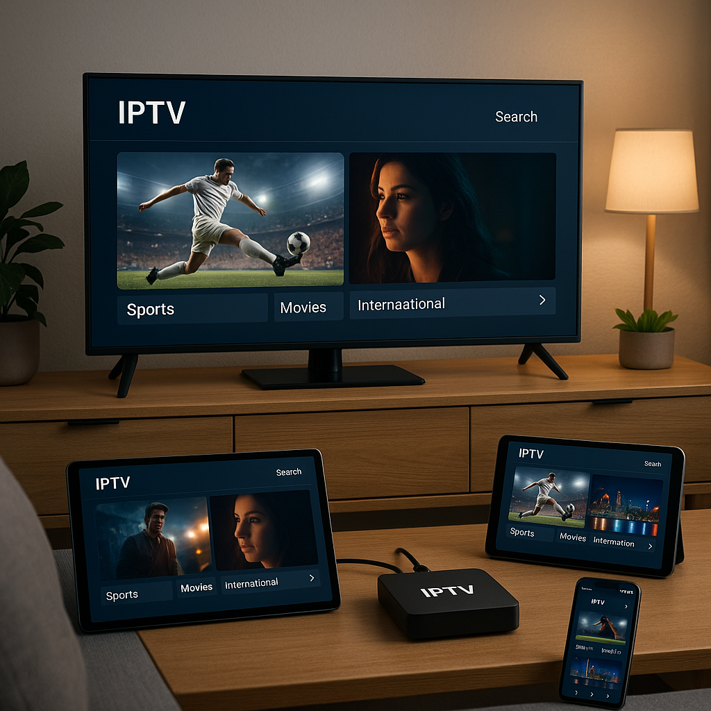 A modern living room setting with multiple screens (TV, tablet, smartphone) all displaying the same IPTV interface with different channels.