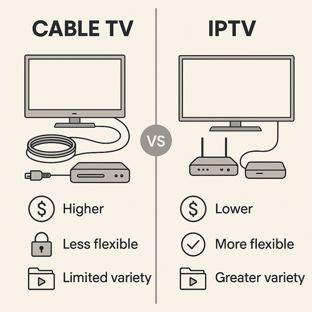 A visual comparison between traditional cable TV and IPTV, designed as a split-screen infographic. The left side shows a traditional cable s