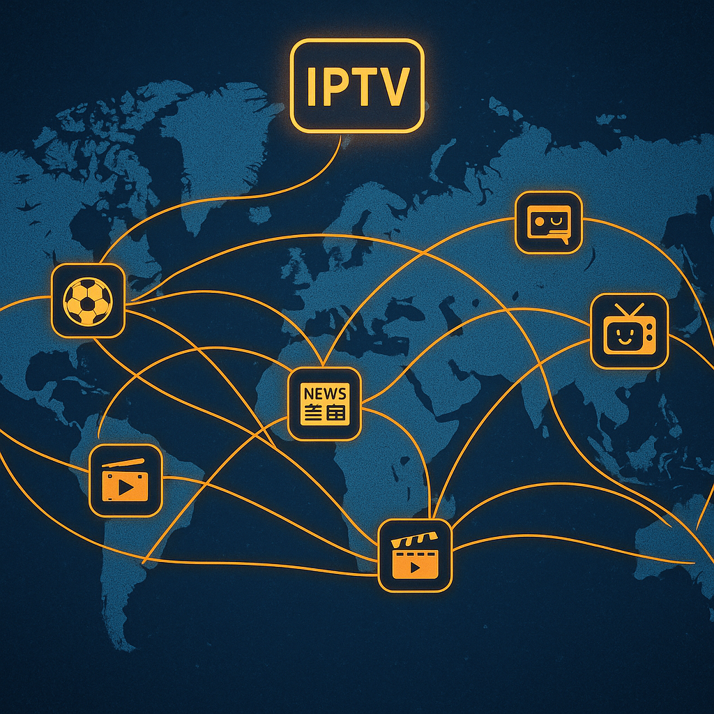 A world map visualization showing global IPTV connectivity, with streaming content lines connecting different countries. Include small icons