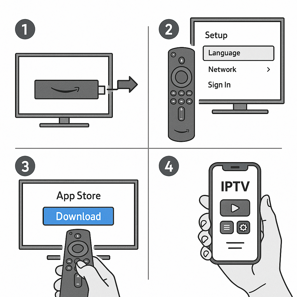 A step-by-step visual guide showing IPTV setup process with a streaming device like Amazon Fire Stick. Show the device, remote control, TV s
