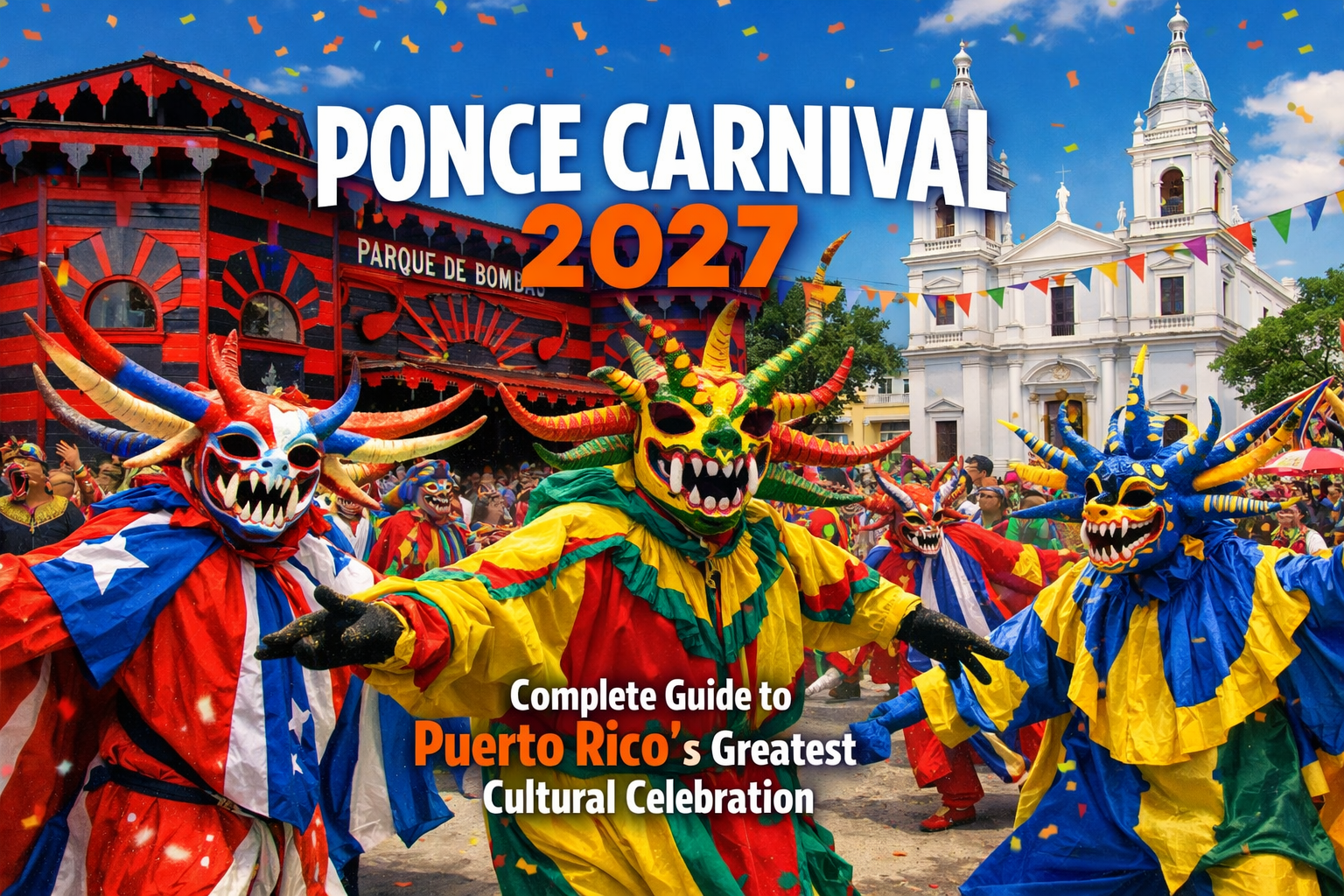 Cover image - 1536x1024 landscape format showing a vibrant Ponce Carnival scene with colorful vejigantes in elaborate horned masks dancing i