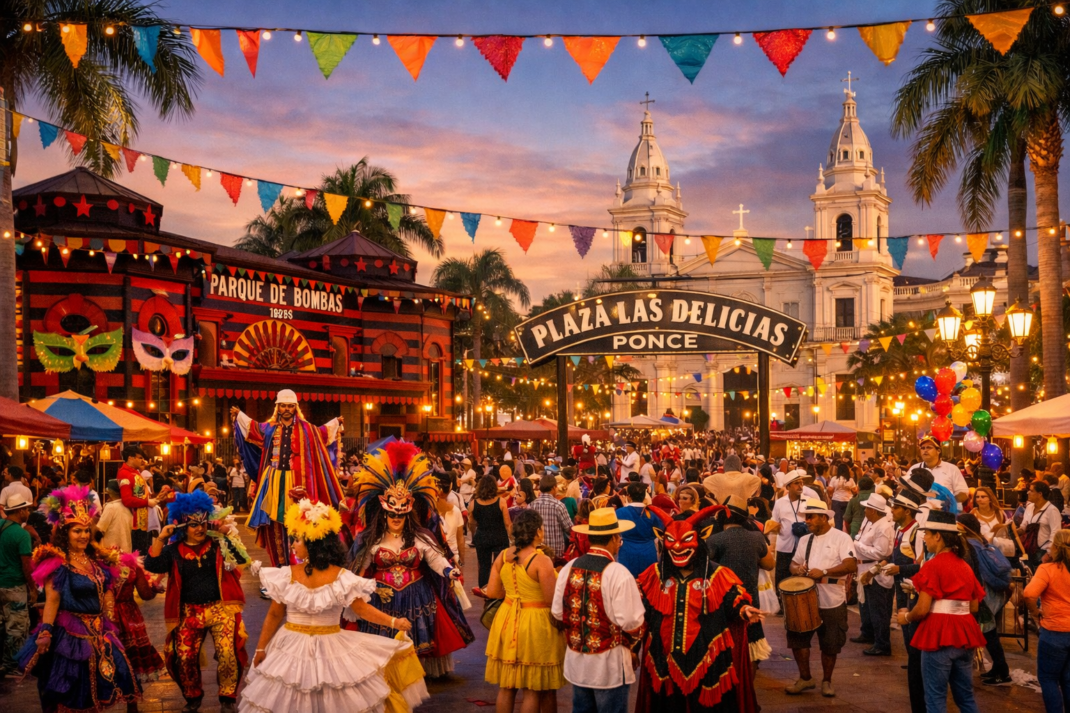 1536x1024 landscape image of historic downtown Ponce during carnival with Plaza Las Delicias, the iconic red and black Parque de Bombas fire