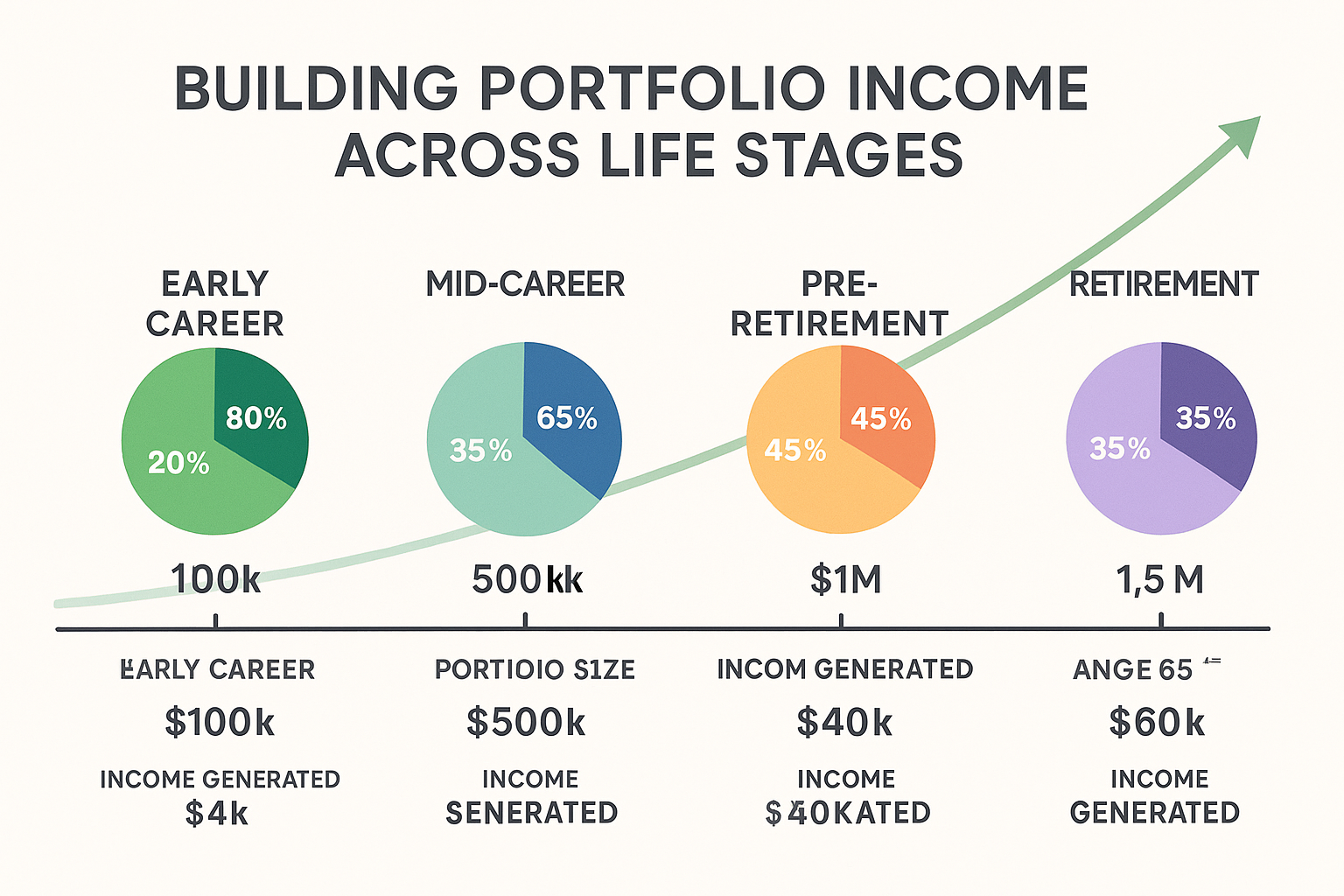Create a landscape infographic (1536x1024) showing "Portfolio Income Growth Timeline." Design a horizontal timeline from age 25 to 65 with f