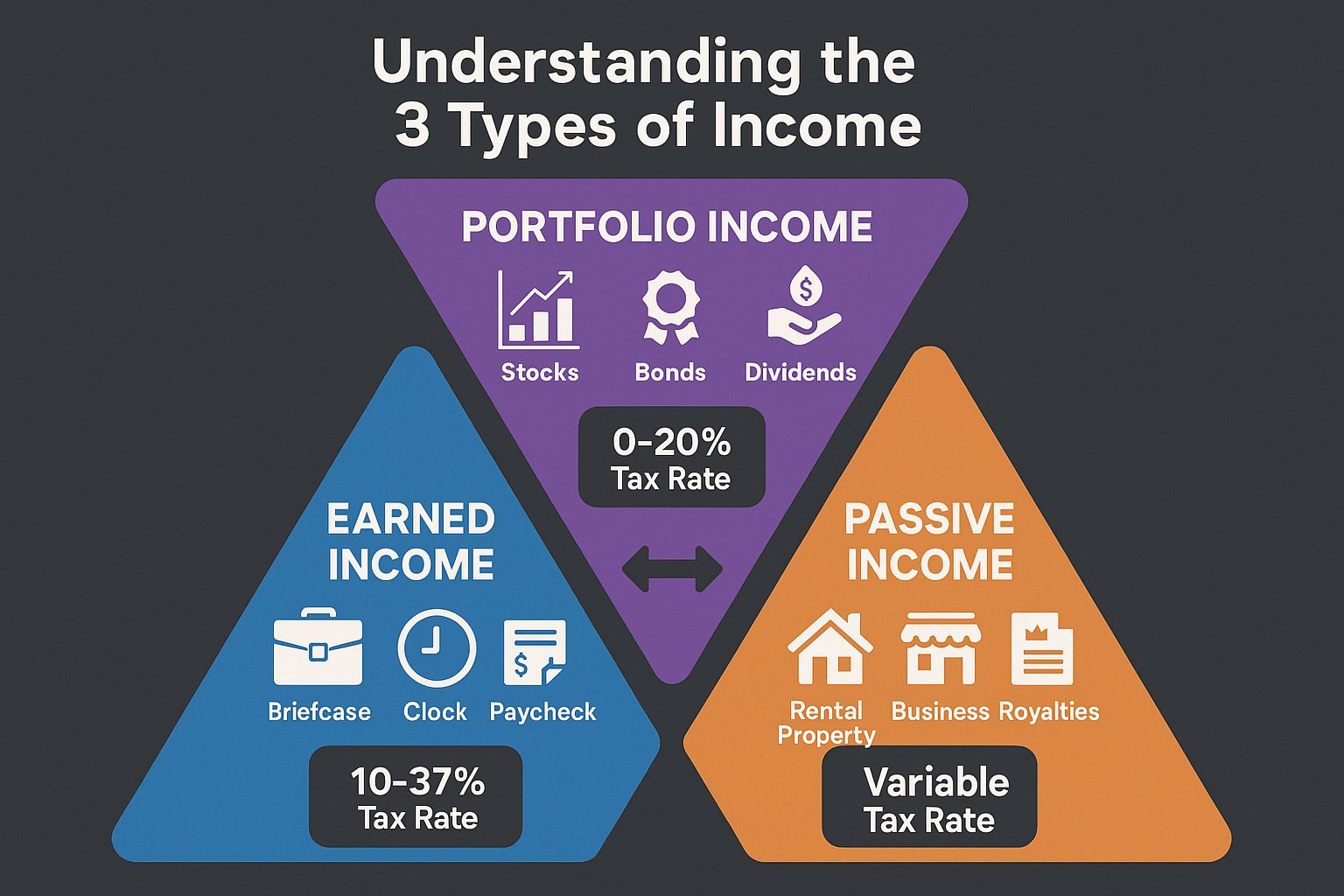 Create a square visual (1024x1024) comparing "Portfolio Income vs. Earned Income vs. Passive Income." Design three distinct sections in a tr