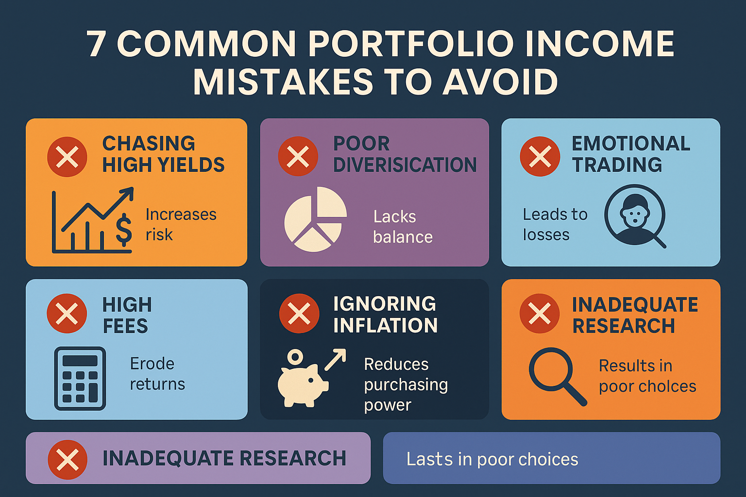 Create a landscape infographic (1536x1024) titled "7 Common Portfolio Income Mistakes to Avoid." Design seven distinct sections arranged in 