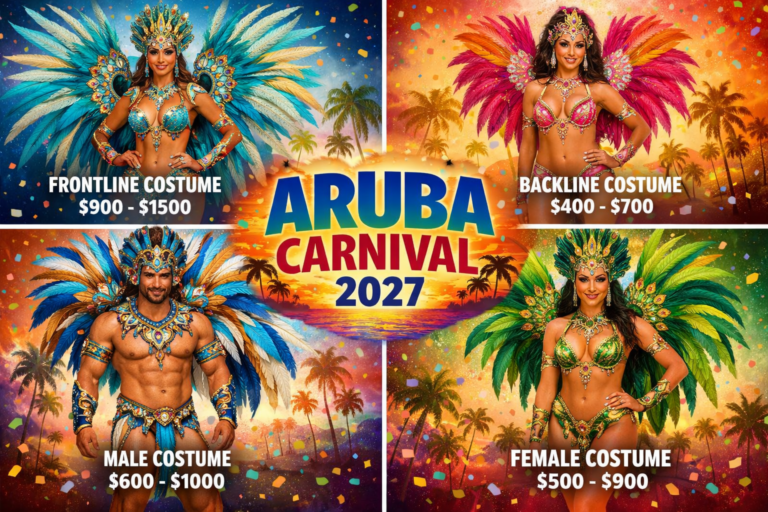 Create a 1024x1024 square image showcasing different types of Aruba carnival costumes arranged in an attractive grid layout. Show frontline,