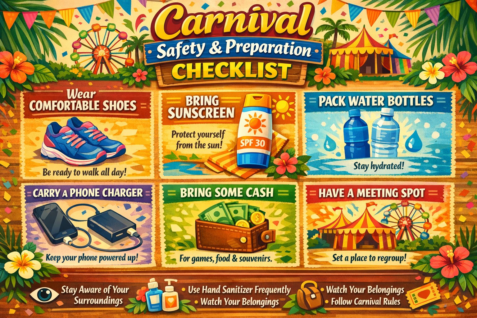 Create a 1536x1024 landscape image depicting a carnival safety and preparation checklist. Design it as an attractive infographic with icons 