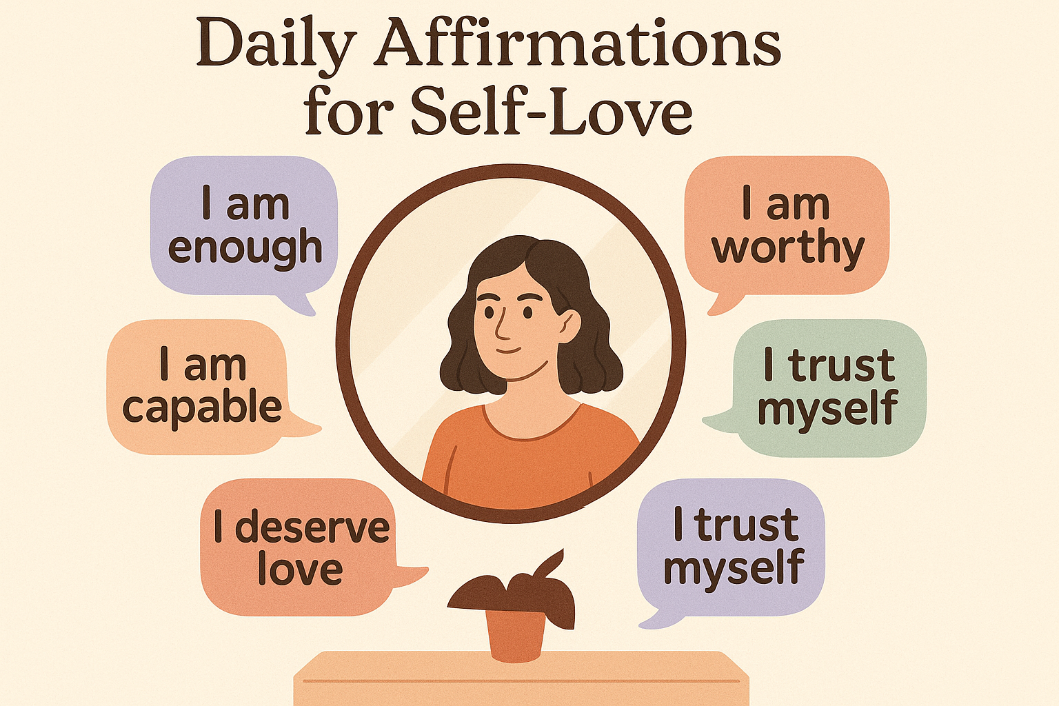 Square 1024x1024 infographic showing a morning affirmation routine. Soft cream background with a circular mirror illustration in the center.