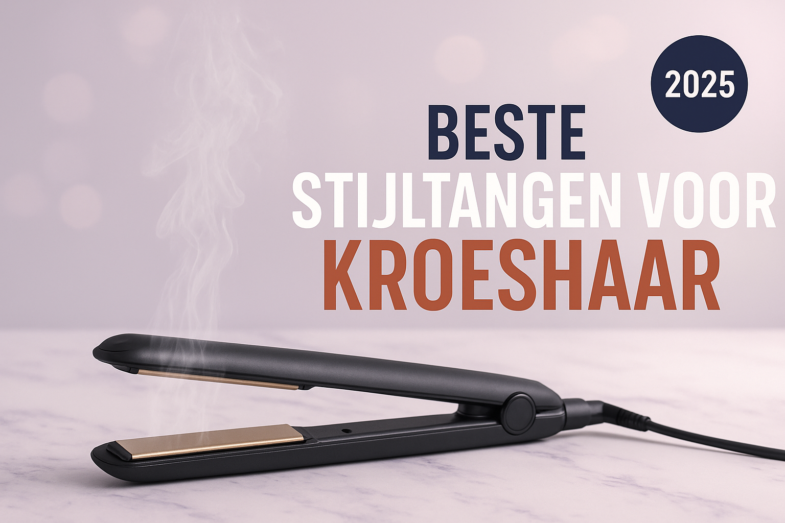 Beste Stijltangen voor Kroeshaar: Complete Gids voor Perfect Glad Haar in 2026 1 Create a 1536x1024 landscape cover image with a luxurious beauty salon aesthetic. On the left side, show a sleek, modern hair straightener (
