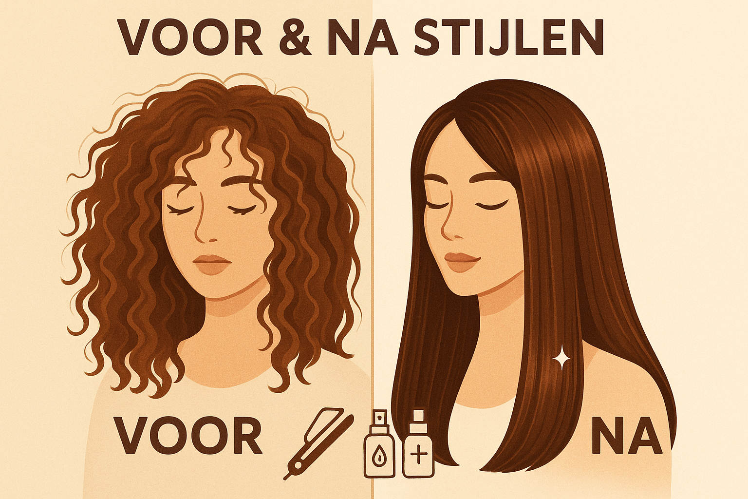 Beste Stijltangen voor Kroeshaar: Complete Gids voor Perfect Glad Haar in 2026 3 Create a 1024x1024 square image showing a side-by-side comparison titled "Voor & Na Stijlen" (Before & After Styling). On the left half, sho