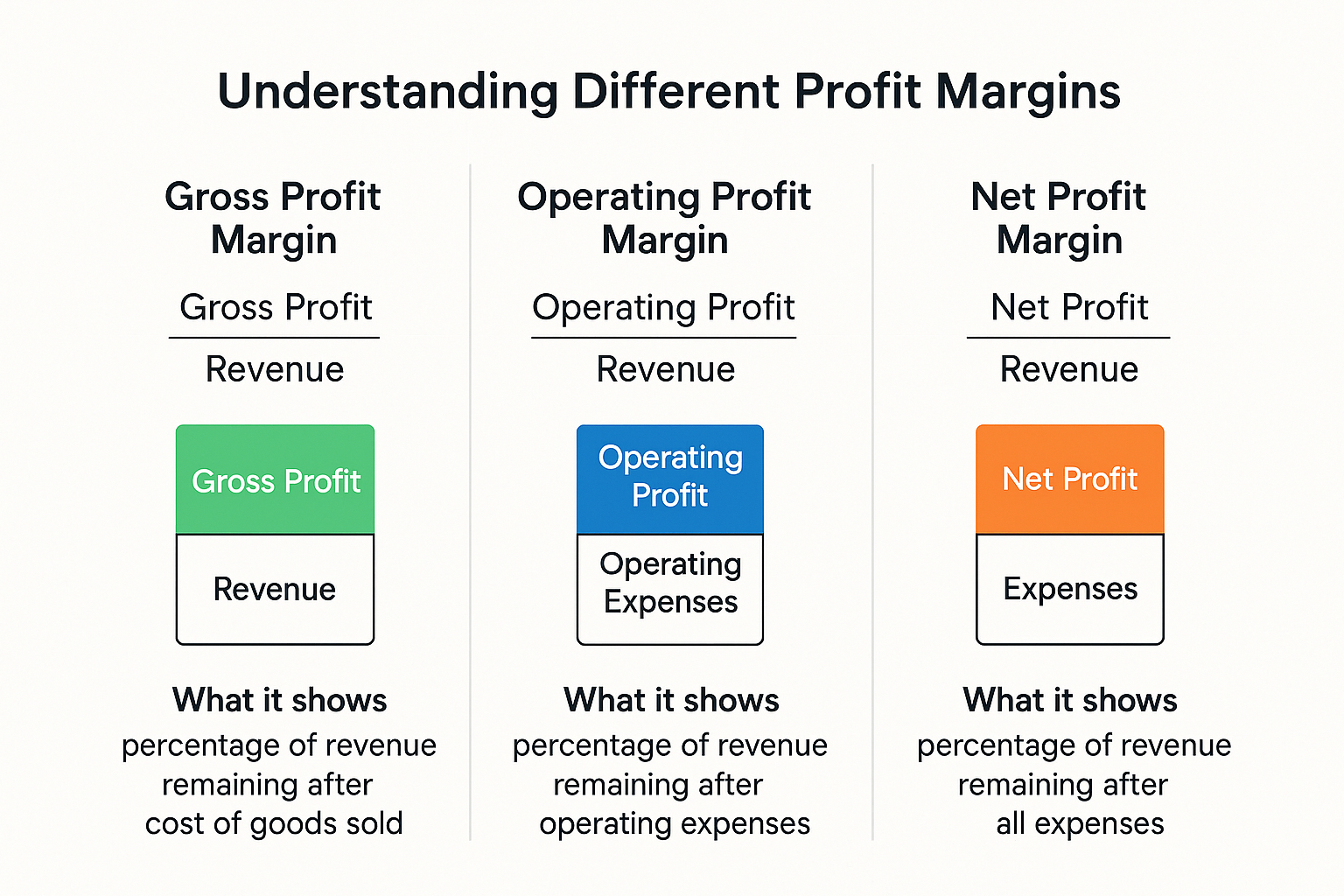 Create a landscape infographic (1536x1024) comparing three profitability metrics side-by-side. Three columns labeled "Gross Profit Margin",