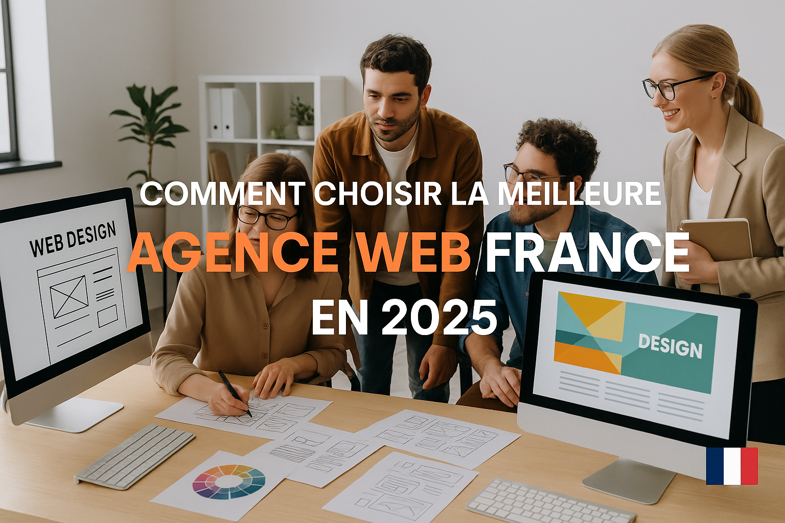 Create a beautifully designed cover image in 1536x1024 landscape format showing a modern French digital agency workspace with computers, des