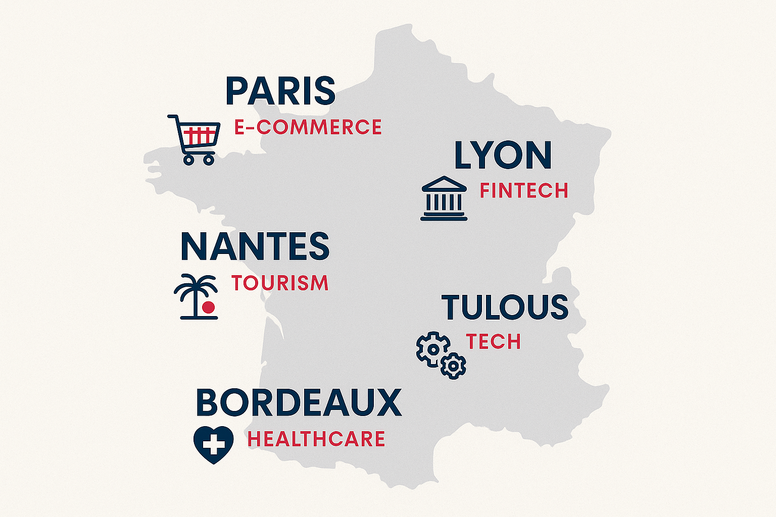 Create a 1024x1024 square image showing a map of France with major cities highlighted (Paris, Lyon, Toulouse, Nantes, Bordeaux) and their we