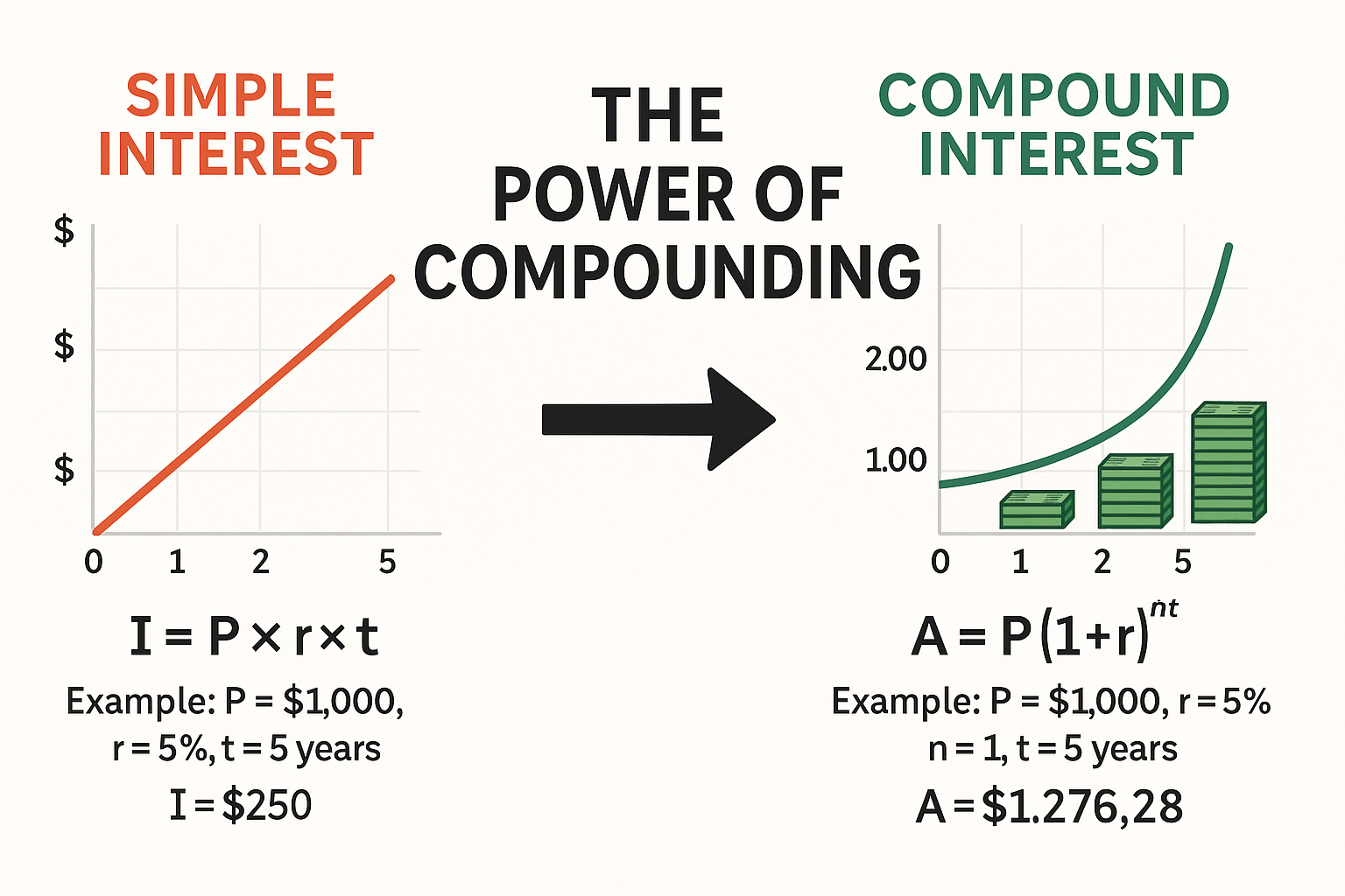 Infographic in 1536x1024 landscape format comparing Simple Interest vs. Compound Interest. Left panel shows simple interest as a straight li