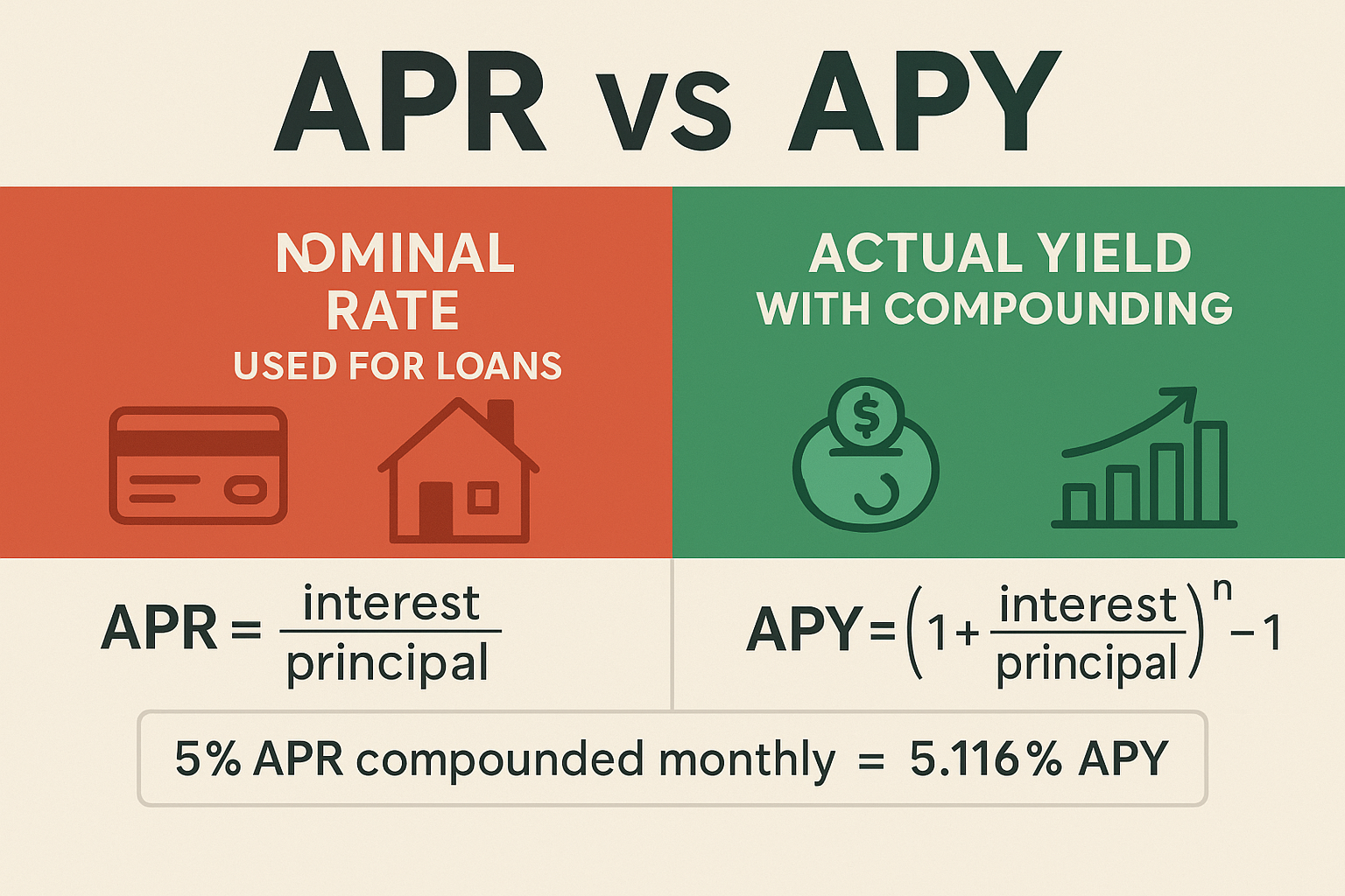 Educational diagram in 1536x1024 landscape format illustrating "APR vs APY". Split design with left side showing APR concept (nominal rate, 