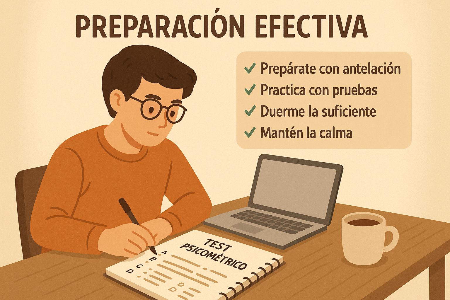 A square image showing a person preparing for a psychometric test. The scene should show a focused individual at a desk with a laptop, noteb