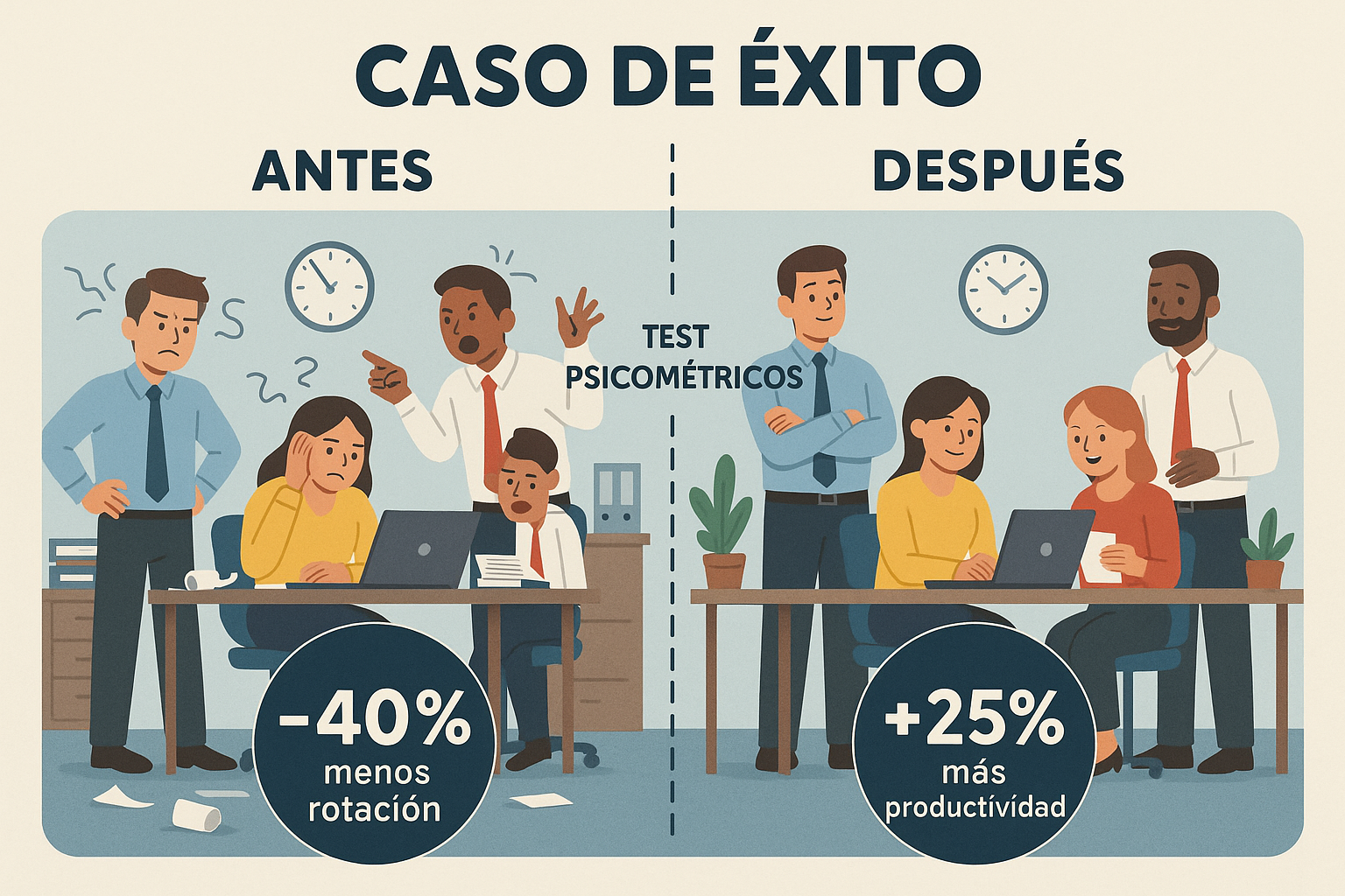 A square image showing a success story visualization. Create a before/after comparison showing the transformation of a workplace team after 