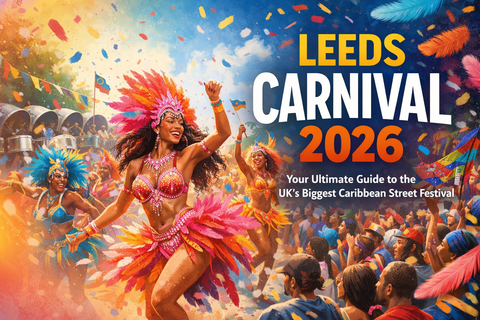 Create a vibrant 1536x1024 landscape cover image for Leeds Carnival 2026. Show a dynamic carnival parade scene with colorful feathered costu