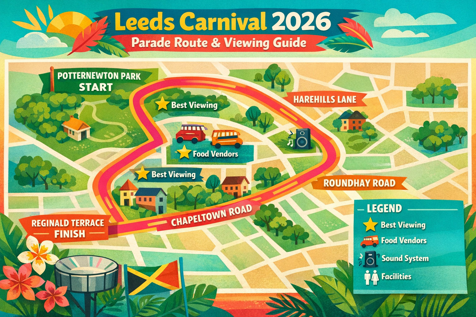 Create a 1536x1024 landscape infographic showing the Leeds Carnival 2026 parade route map. Display a simplified illustrated map of the Chape