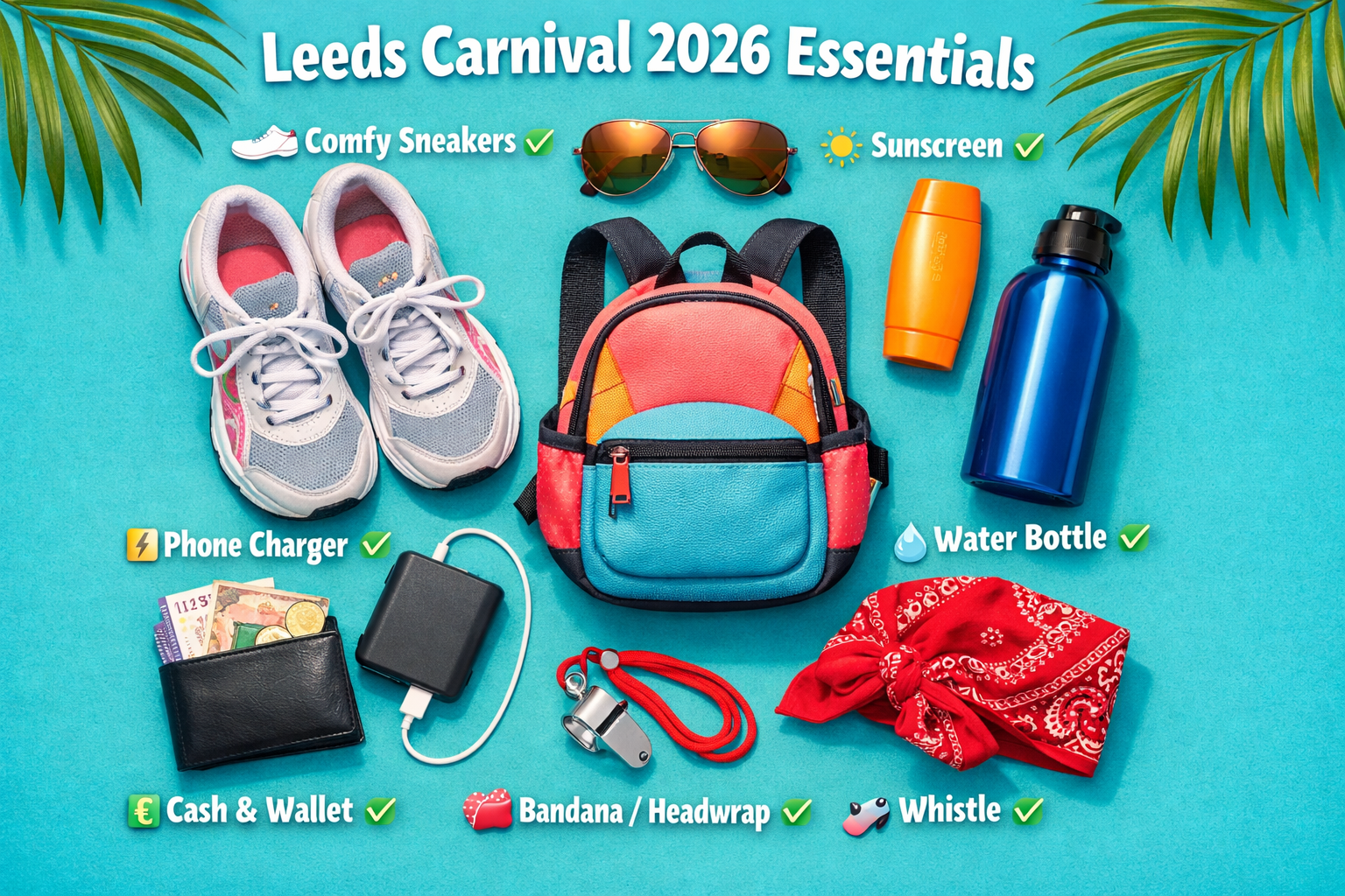 Create a 1024x1024 square image showing essential items for Leeds Carnival 2026. Display a flat lay arrangement of carnival essentials on a
