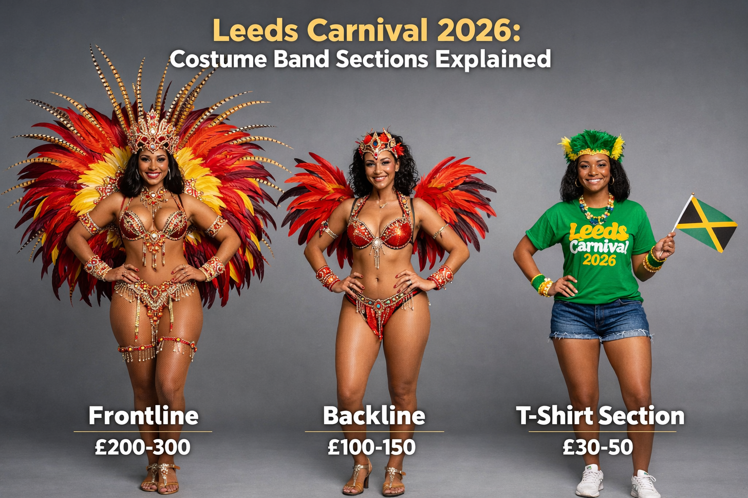 Create a 1536x1024 landscape image comparing different Leeds Carnival costume levels. Show three masqueraders side by side wearing different