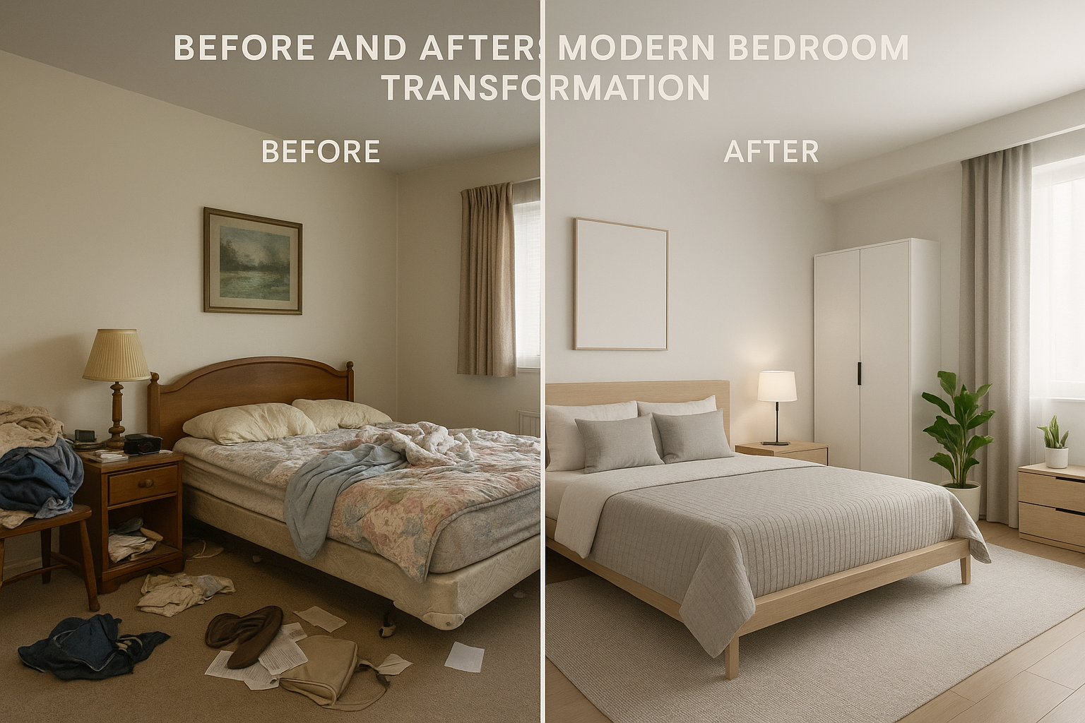 Create a 1024x1024 square image showcasing a split-screen comparison of "Before and After: Modern Bedroom Transformation" showing a cluttere