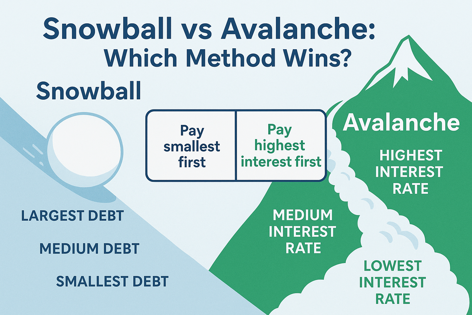 Infographic in 1536x1024 landscape format comparing Debt Snowball vs Debt Avalanche methods. Left side shows snowball rolling downhill getti
