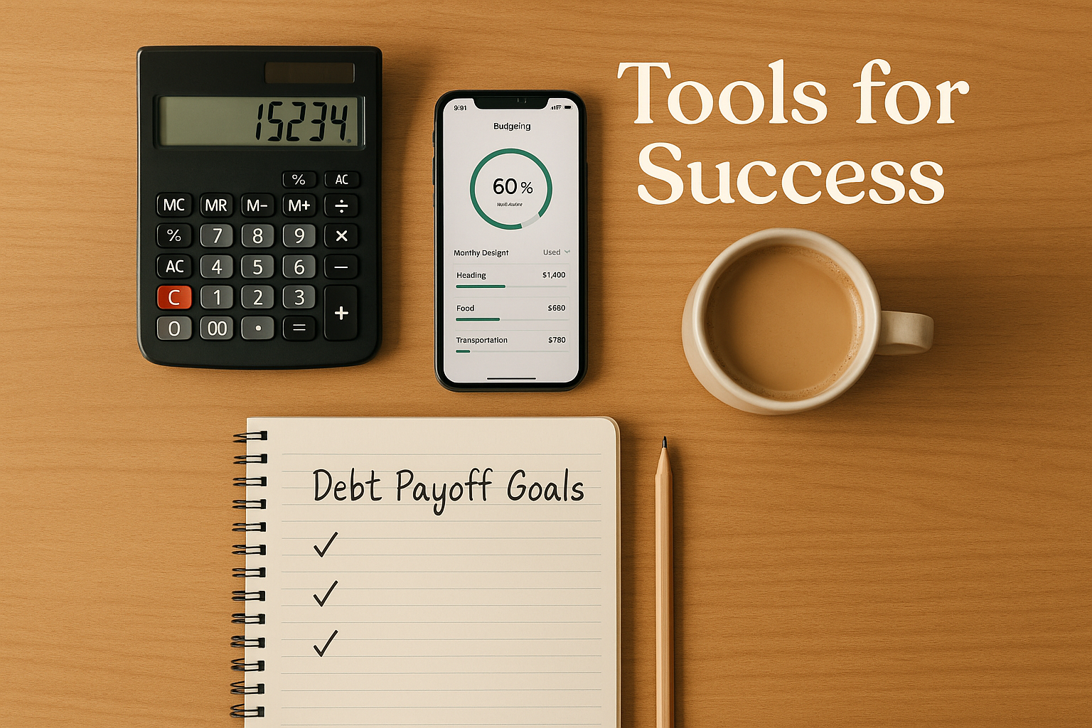 Square 1024x1024 image showing calculator, smartphone with budgeting app, notebook with written goals, and coffee cup arranged on clean desk
