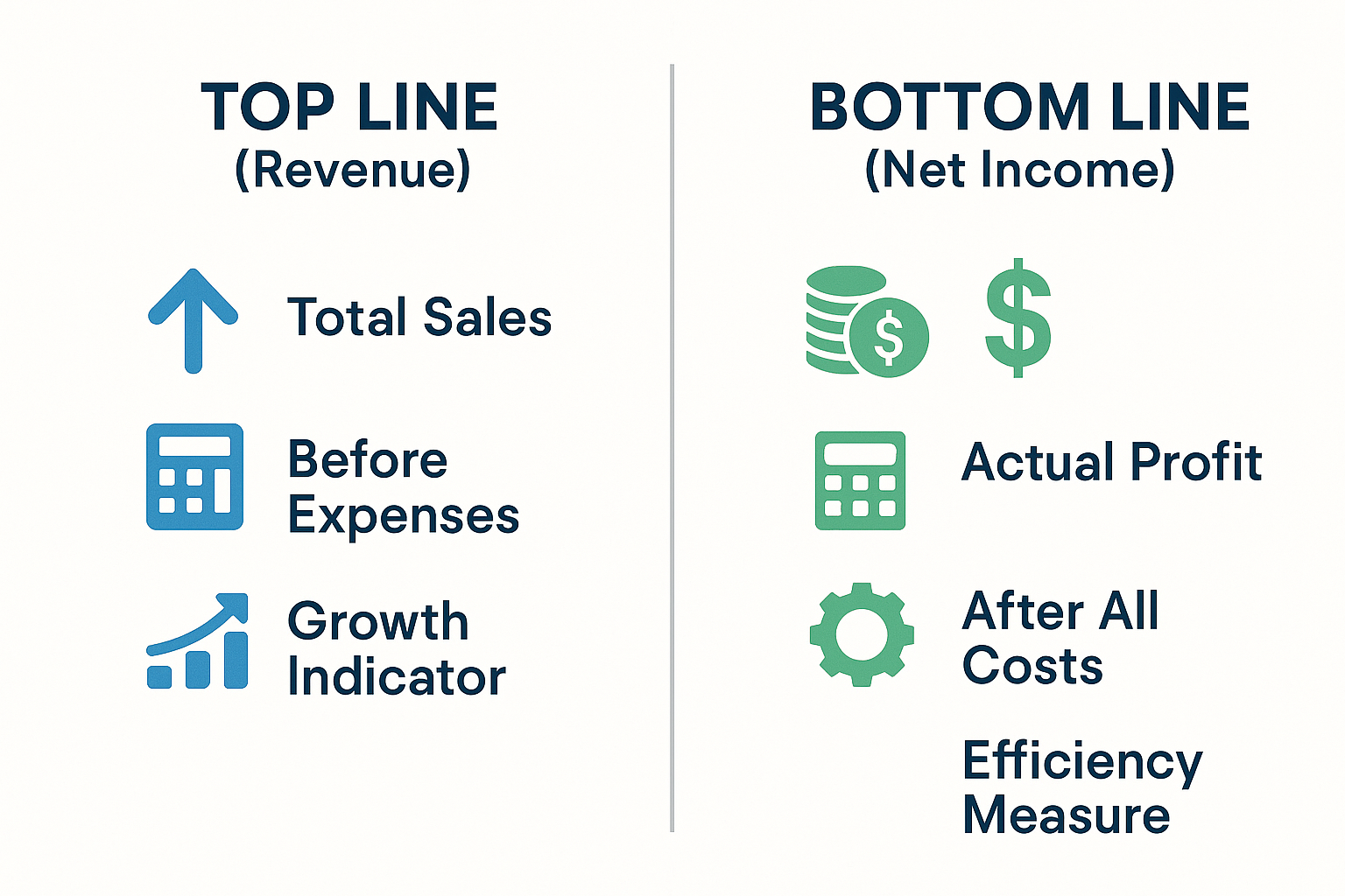 Infographic in 1536x1024 landscape format comparing Top Line and Bottom Line. Two columns with icons and text. Left column labeled "TOP LINE