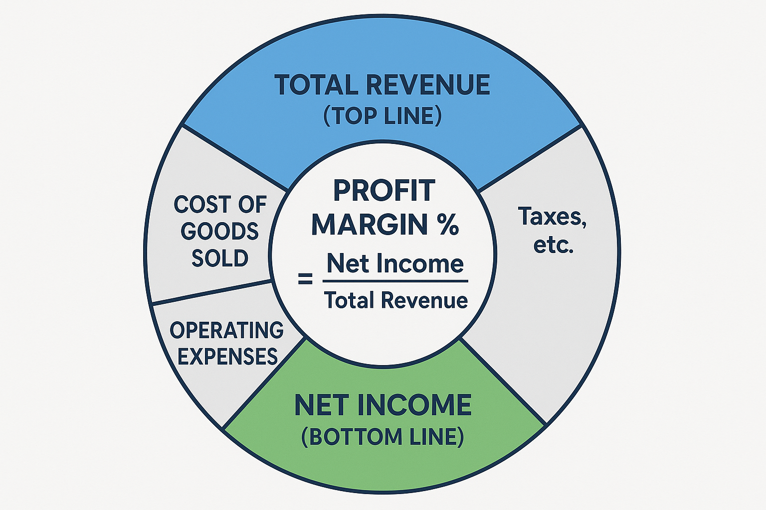 Circular diagram in 1024x1024 square format showing profit margin calculation. Large circle divided into sections representing revenue compo